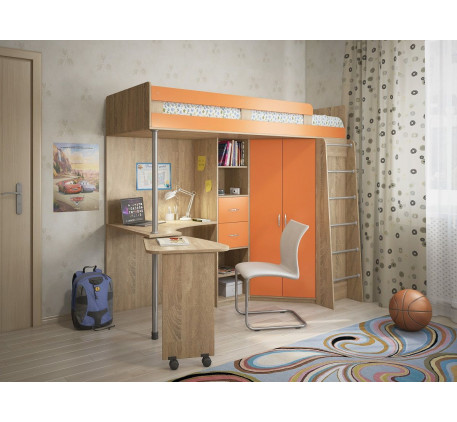 Детская кровать-чердак со столом и шкафом Милана-5, спальное место 200х80 см
